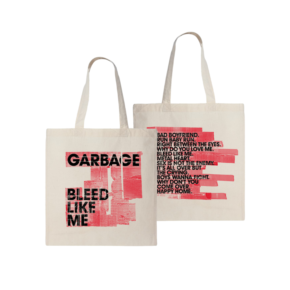 Two off-white canvas tote bags with red and black printed text and graphics.