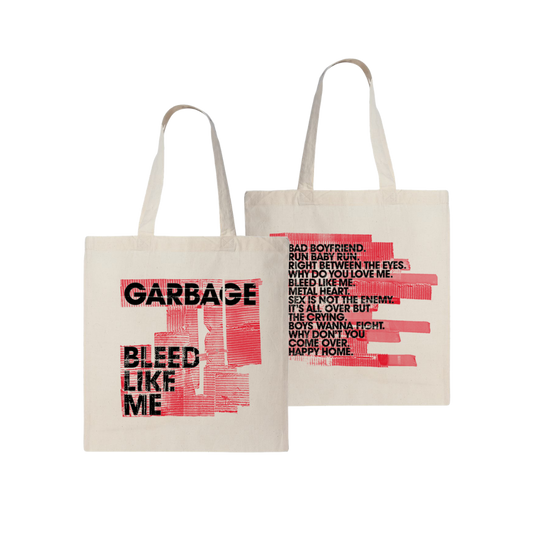 Two off-white canvas tote bags with red and black printed text and graphics.