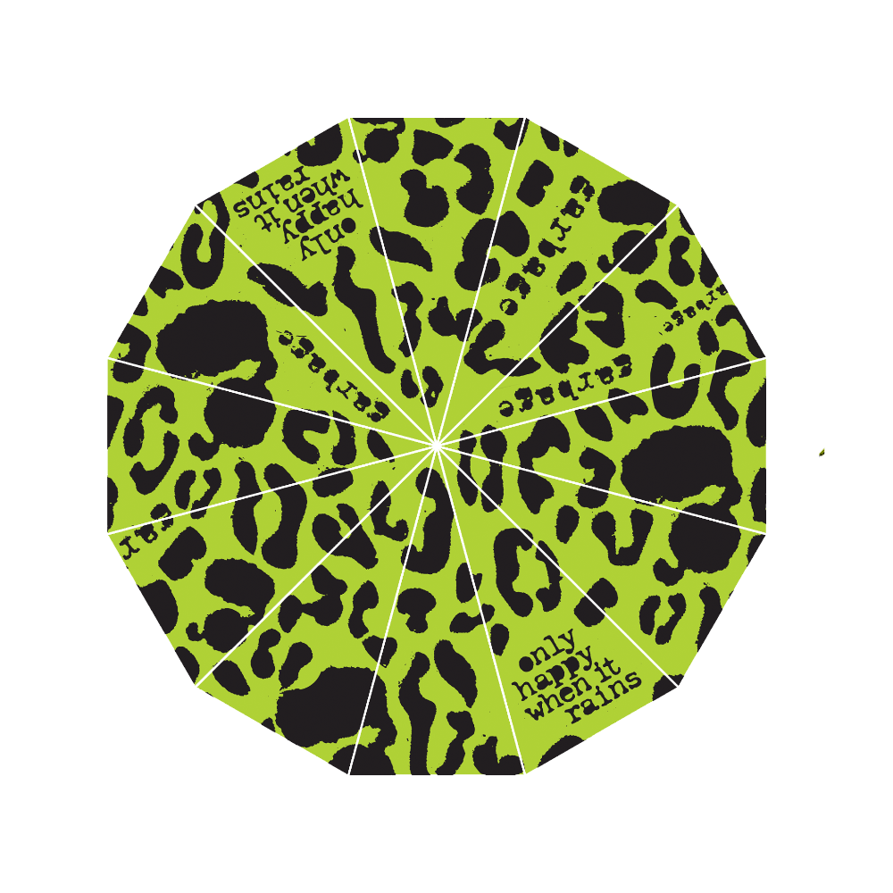 Circular umbrella with bright green and black leopard print pattern.