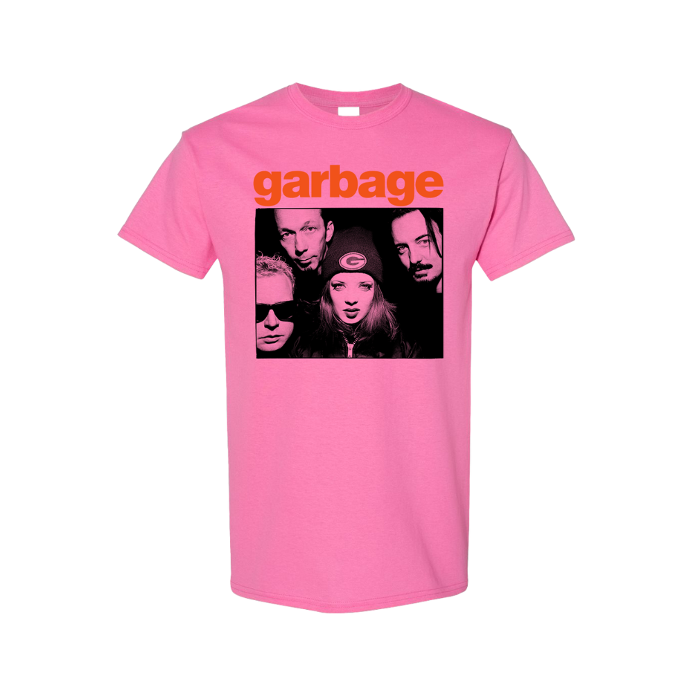Pink t-shirt with a black and white band photo and ’garbage’ text printed on the front.
