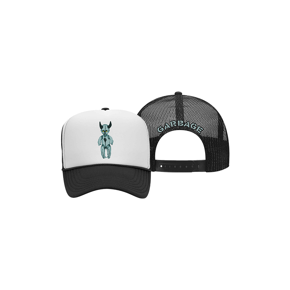 Trucker-style cap with a cartoon creature design on the front panel and ’GARBAGE’ text on the back mesh panel.