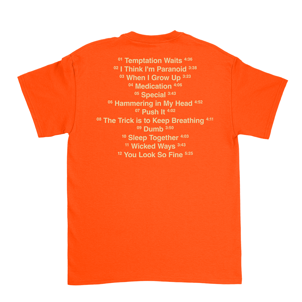 Back of a bright orange classic heavyweight t-shirt featuring white printed version 2.0 tracklist from Garbage official store