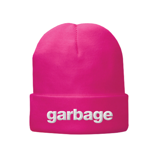 Bright pink beanie hat with ’garbage’ written in white text on the folded brim.
