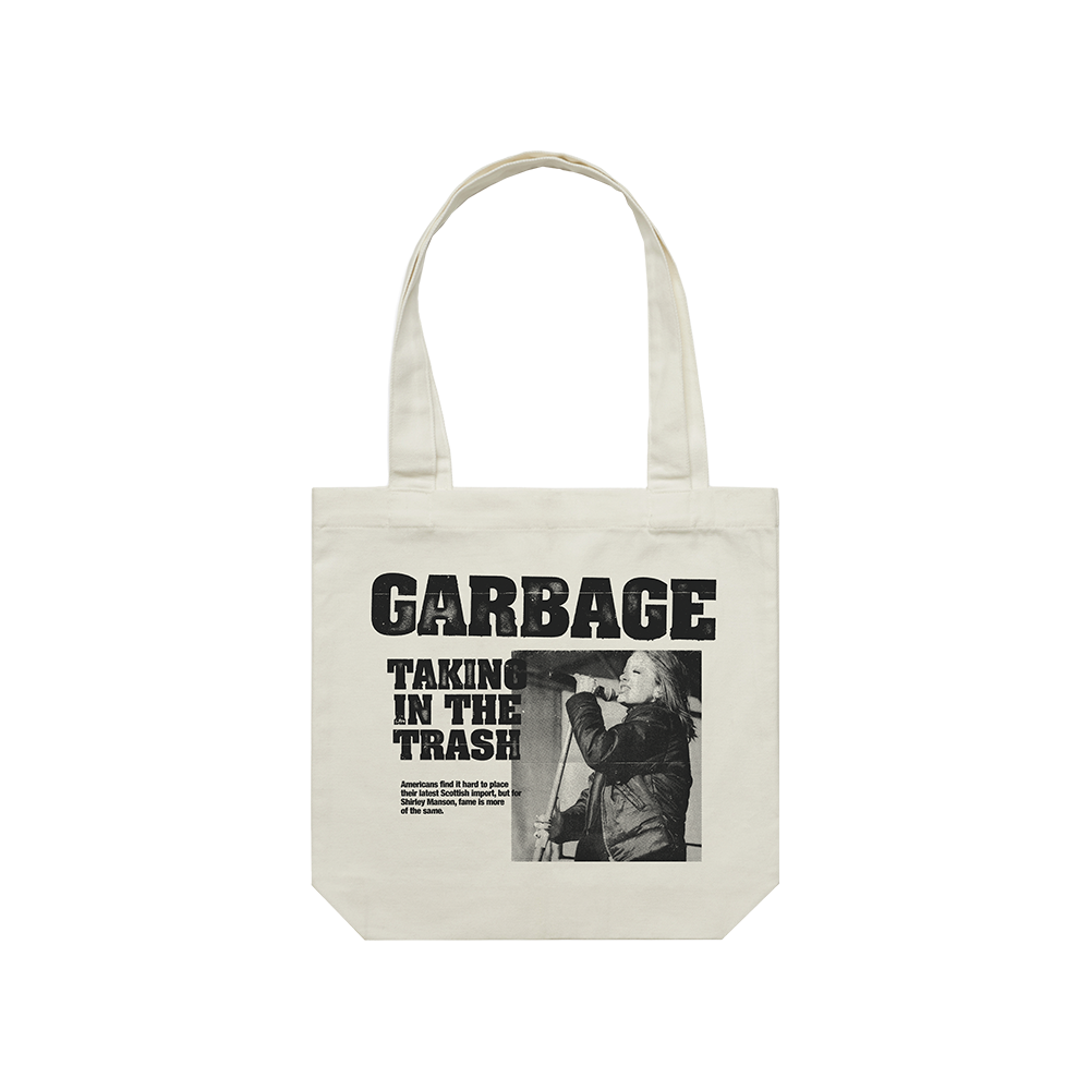 White canvas tote bag with a ’GARBAGE’ graphic print featuring text and a black-and-white photo.