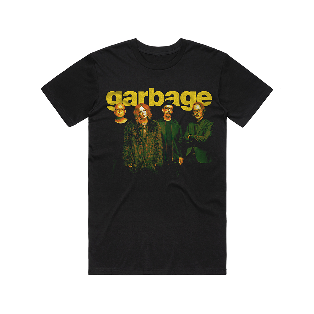 Black t-shirt featuring the band Garbage with their name and an image of the group members.