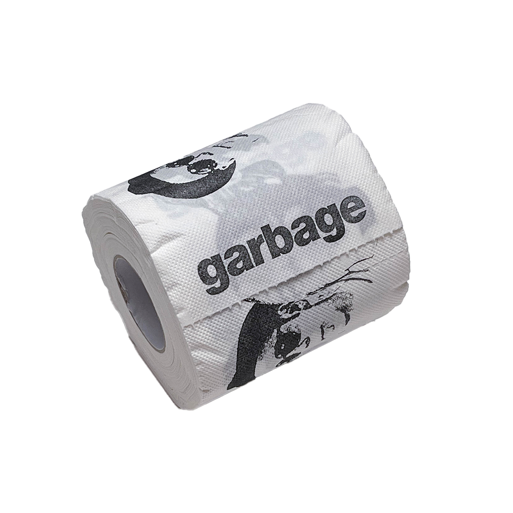 Roll of toilet paper with ’garbage’ printed on it and cartoon panda faces.