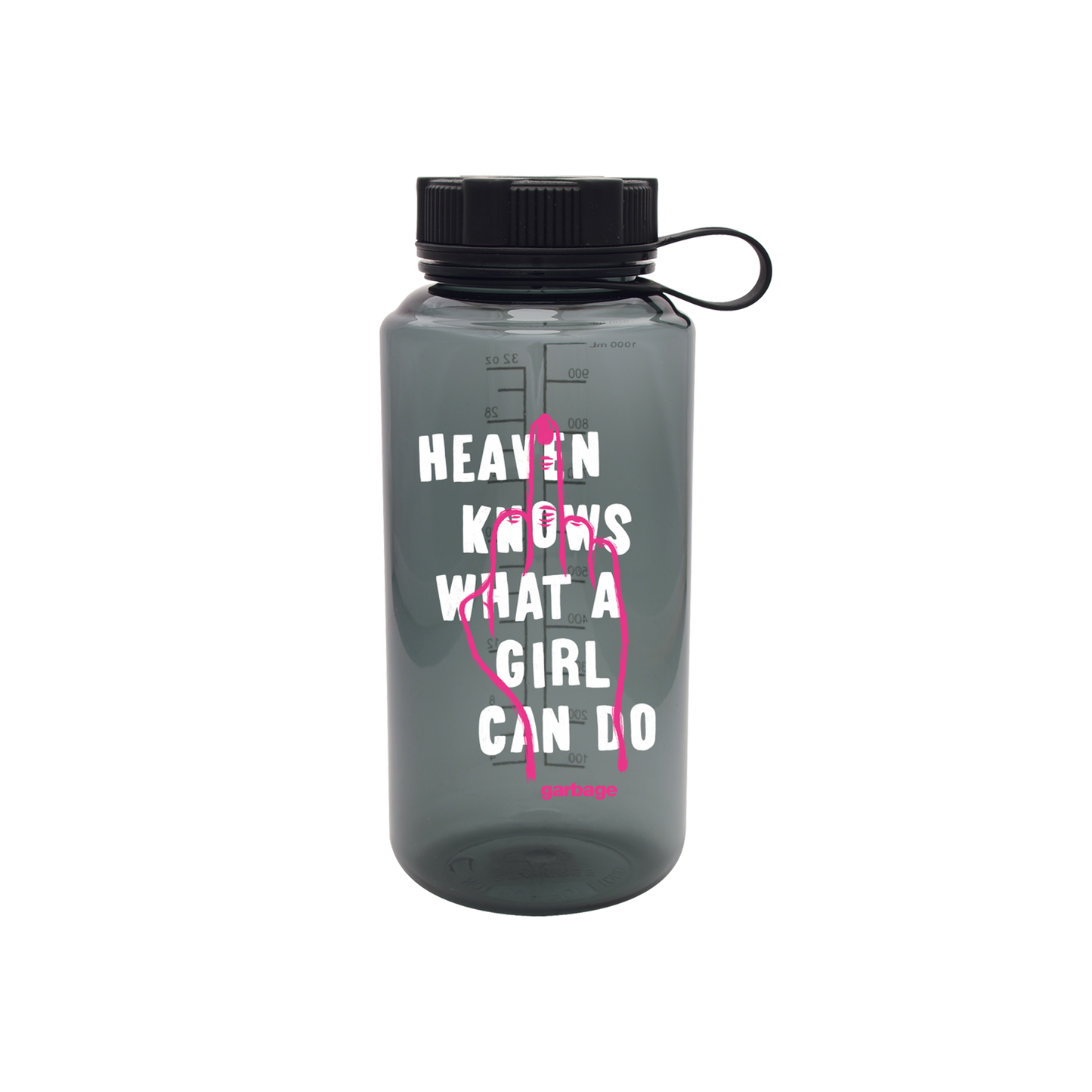 Gray water bottle with white and pink text reading ’Heaven knows what a girl can do’.