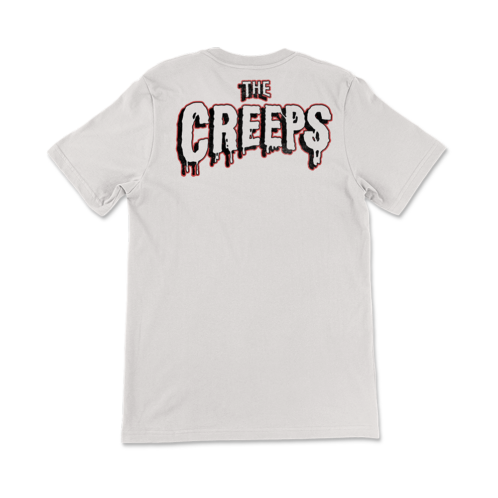 White t-shirt with ’THE CREEPS’ printed on the back in a dripping, horror-style font.