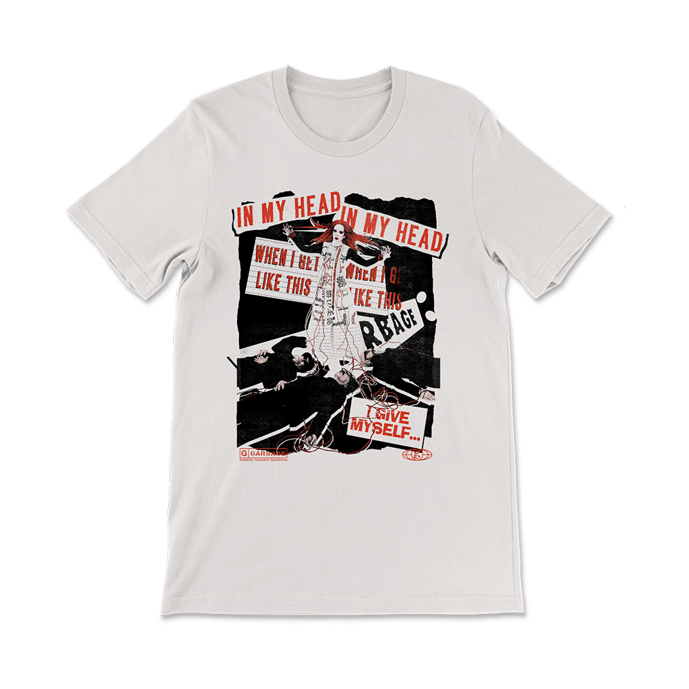 White t-shirt with a punk rock-style graphic design featuring text and imagery.