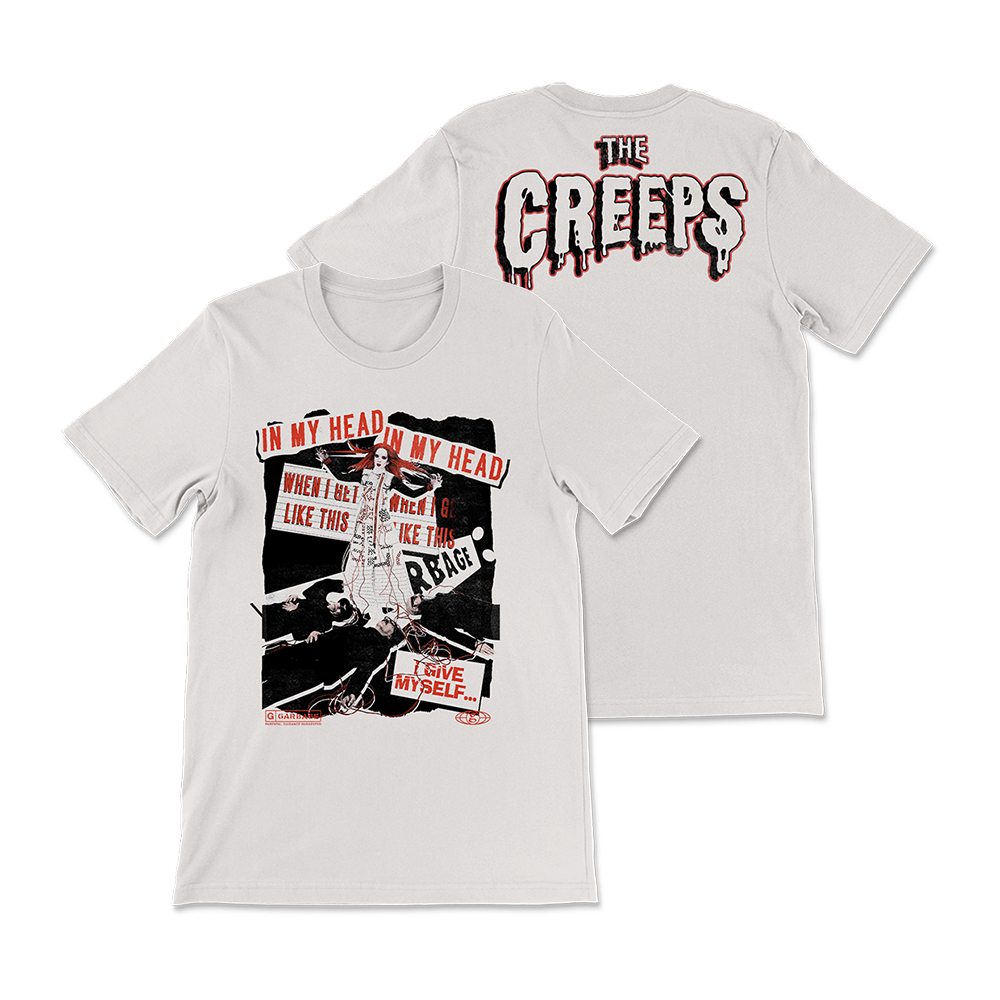 White t-shirt with punk rock-style graphic design and band name ’The Creeps’ on the back.