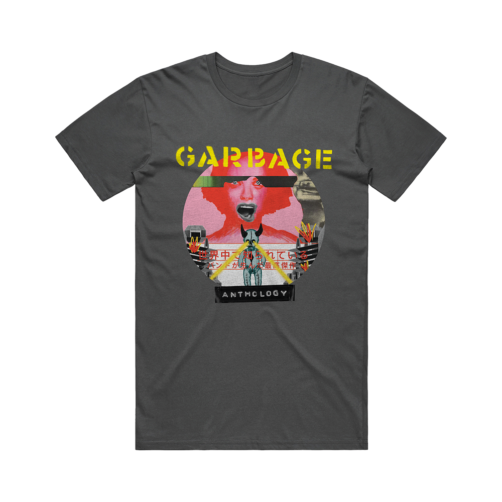 Dark gray t-shirt with a colorful ’Garbage Anthology’ graphic design on the front.