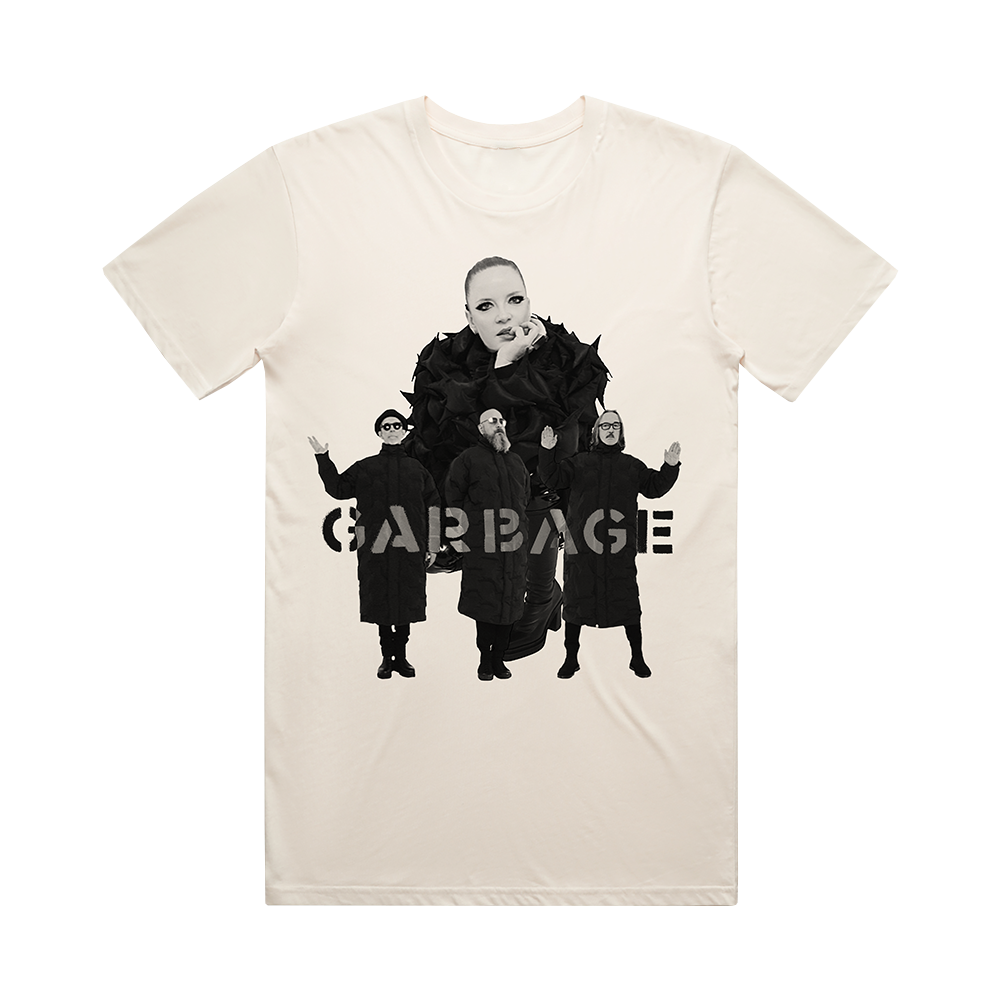 White t-shirt with a black and white graphic design featuring a group of people and the word ’GARBAGE’.