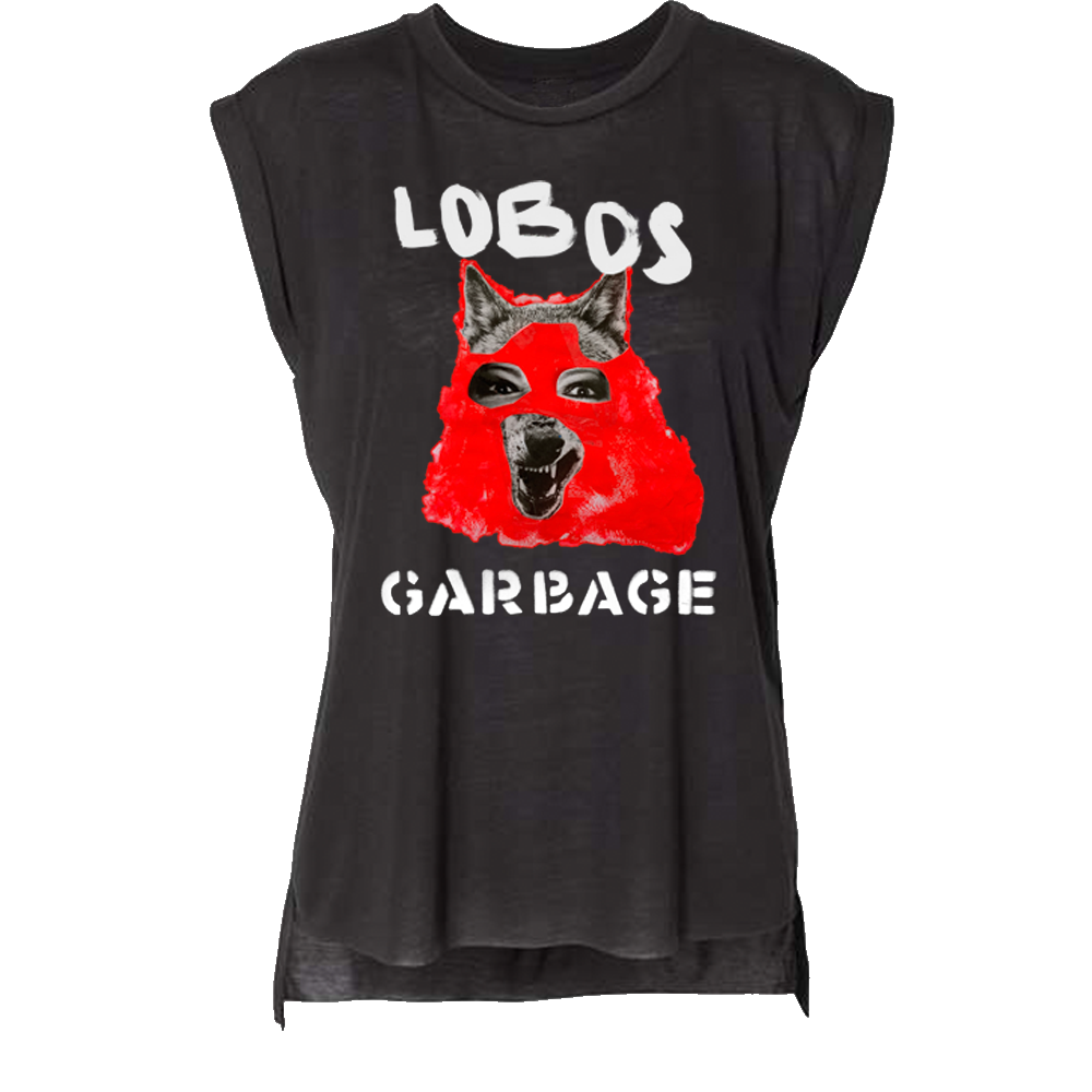 Black sleeveless t-shirt with ’LOBOS GARBAGE’ text and a stylized red wolf image on the front.