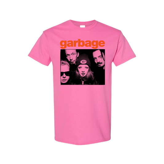 Pink t-shirt with a black and white band photo and ’garbage’ text printed on the front.