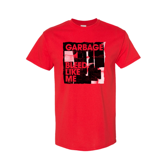 Red t-shirt with ’GARBAGE BLEED LIKE ME’ text in black and pink on the front.