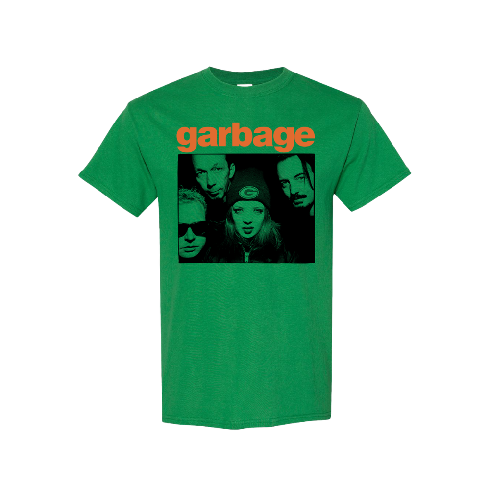 Green t-shirt with ’garbage’ printed in orange and a black-and-white band photo below.