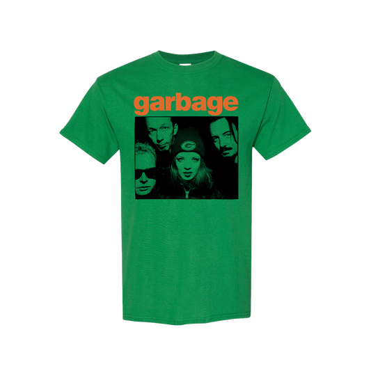 Green t-shirt with ’garbage’ printed in orange and a black-and-white band photo below.