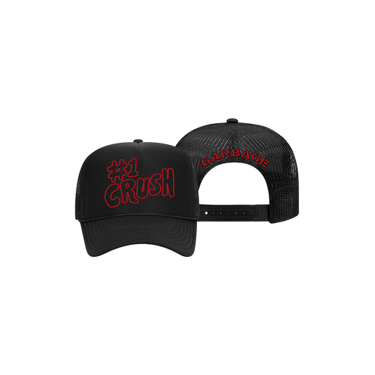 Black baseball cap with ’#1 CRUSH’ written in red on the front and ’GARBAGE’ on the back mesh panel.