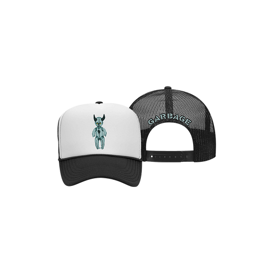 Trucker-style cap with a cartoon creature design on the front panel and ’GARBAGE’ text on the back mesh panel.