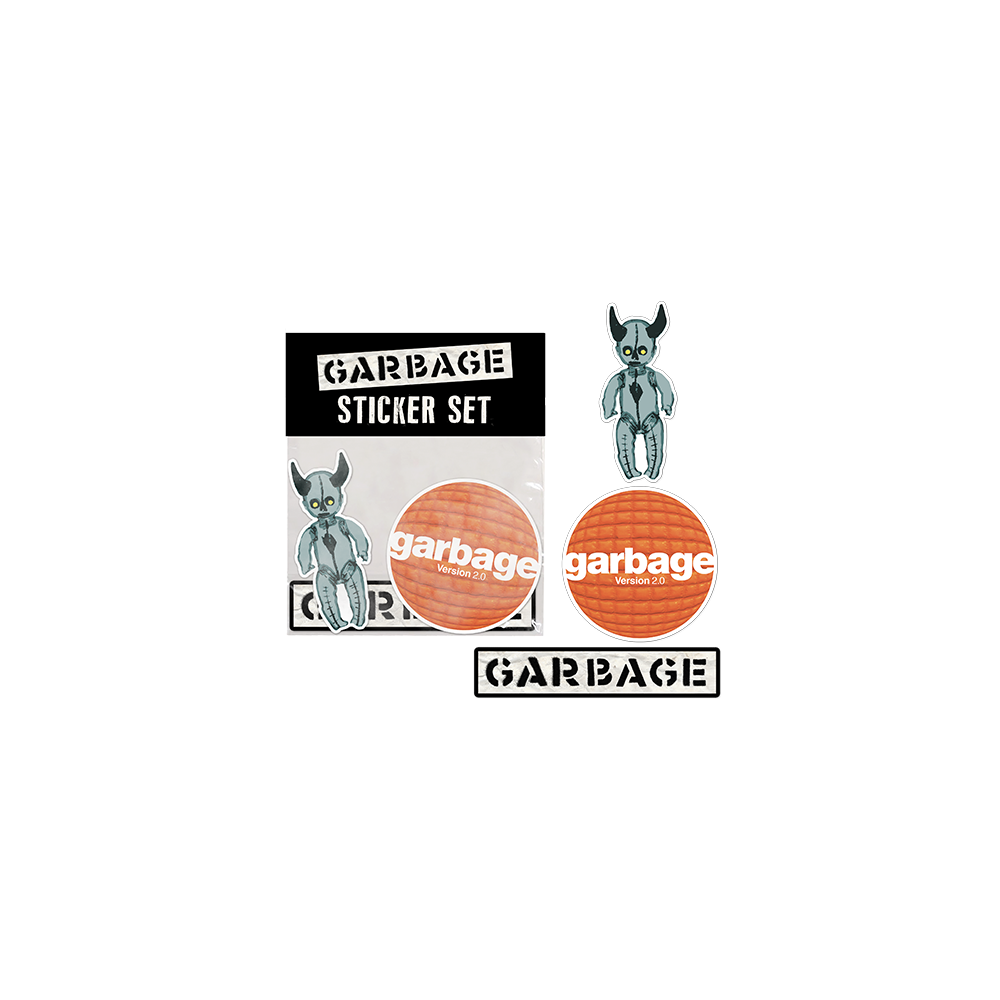 Official Garbage Merchandise. This three piece sticker set includes two logo stickers and one robo baby sticker. Stickers range from 1.5" wide - 4" wide.