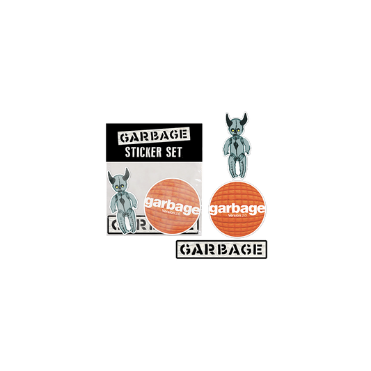 Official Garbage Merchandise. This three piece sticker set includes two logo stickers and one robo baby sticker. Stickers range from 1.5" wide - 4" wide.