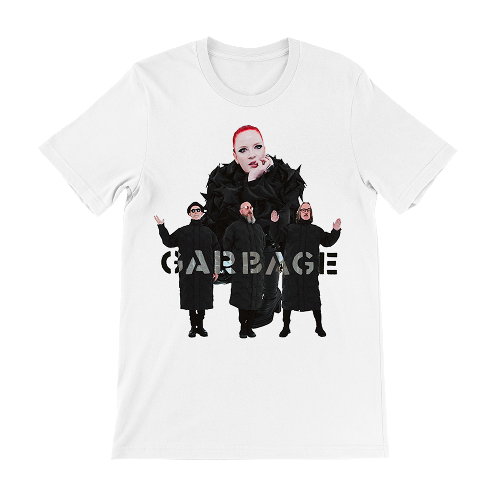 White t-shirt featuring a graphic design of a band called Garbage.