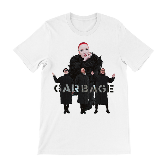 White t-shirt featuring a graphic design of a band called Garbage.
