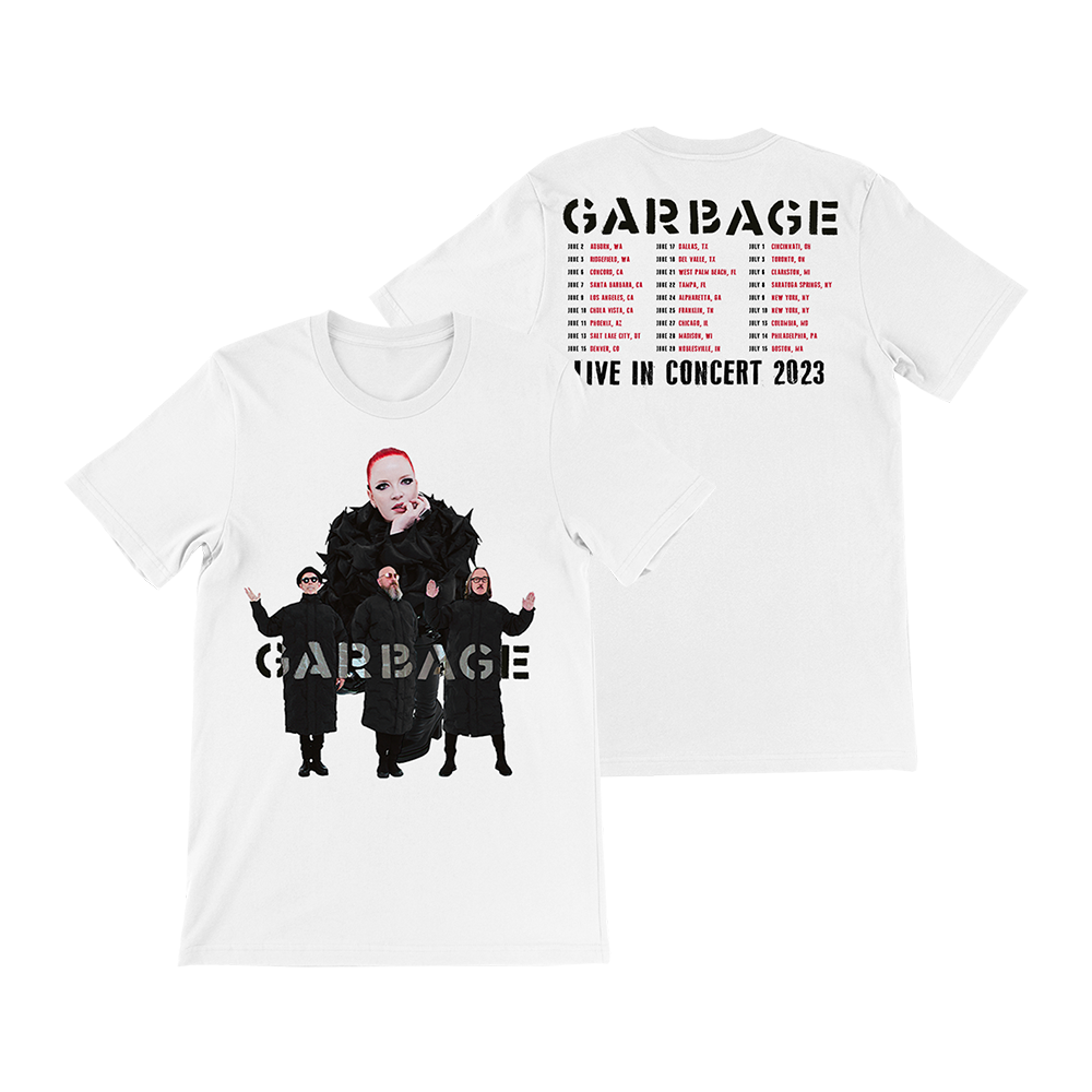 White t-shirt with Garbage band concert tour design on front and back.