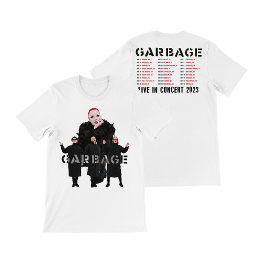 White t-shirt with Garbage band concert tour design on front and back.