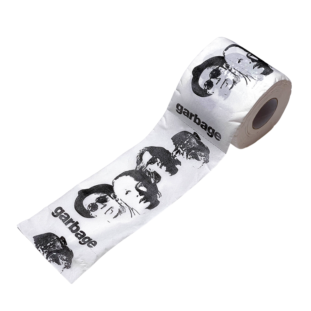 White toilet paper roll featuring black-and-white portraits and garbage name from the Garbage Official Store official merch