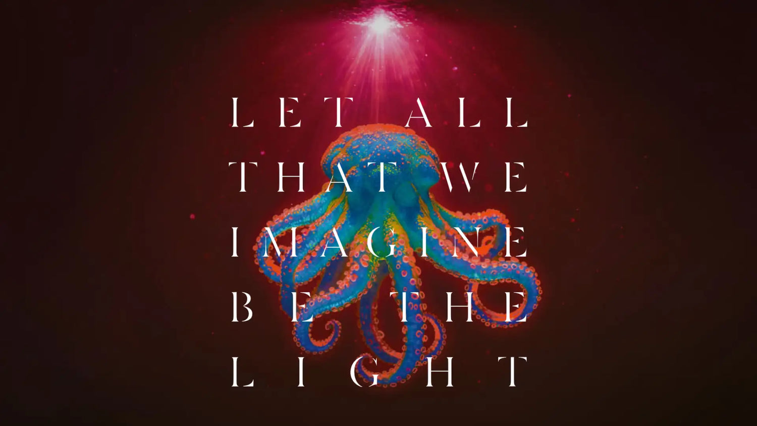 A vibrant, iridescent octopus with glowing blue and orange tentacles centered under a radiant pink light.