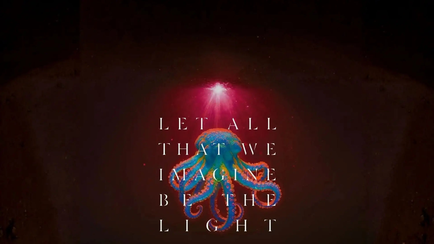 A vibrant, iridescent octopus with glowing blue and teal tentacles centered under a radiant red light.