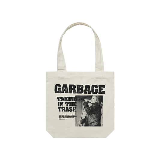 White canvas tote bag with a ’GARBAGE’ graphic print featuring text and a black-and-white photo.