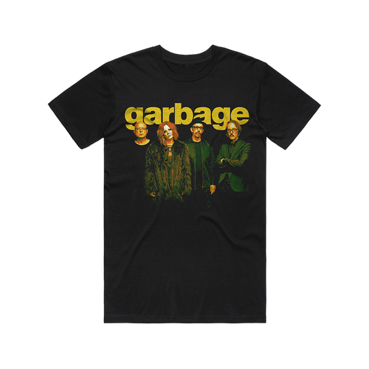 Black t-shirt featuring the band Garbage with their name and an image of the group members.