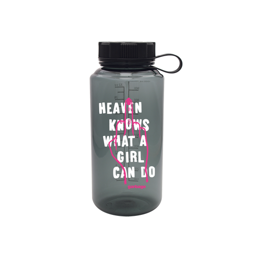 Gray water bottle with white and pink text reading ’Heaven knows what a girl can do’.