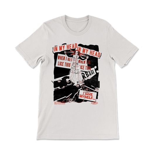 White t-shirt with a punk rock-style graphic design featuring text and imagery.