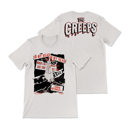 White t-shirt with punk rock-style graphic design and band name ’The Creeps’ on the back.