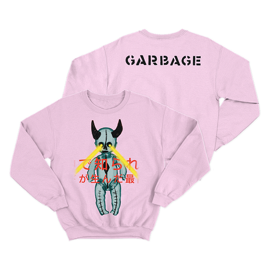 Pink sweatshirt with a graphic design featuring a horned creature and Japanese text on the front, and ’GARBAGE’ printed on the back.