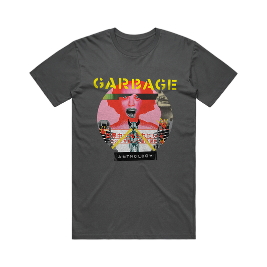 Dark gray t-shirt with a colorful ’Garbage Anthology’ graphic design on the front.