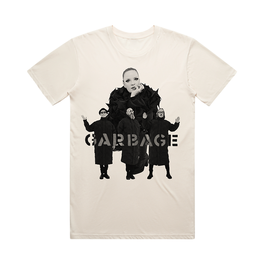 White t-shirt with a black and white graphic design featuring a group of people and the word ’GARBAGE’.