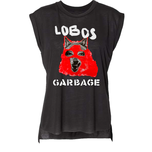 Black sleeveless t-shirt with ’LOBOS GARBAGE’ text and a stylized red wolf image on the front.